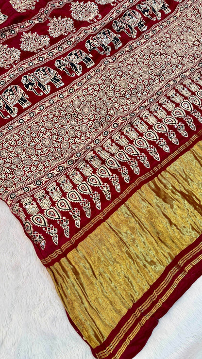 Handblock Ajrakh Mirror Saree (500+ Real Mirror) Maroon