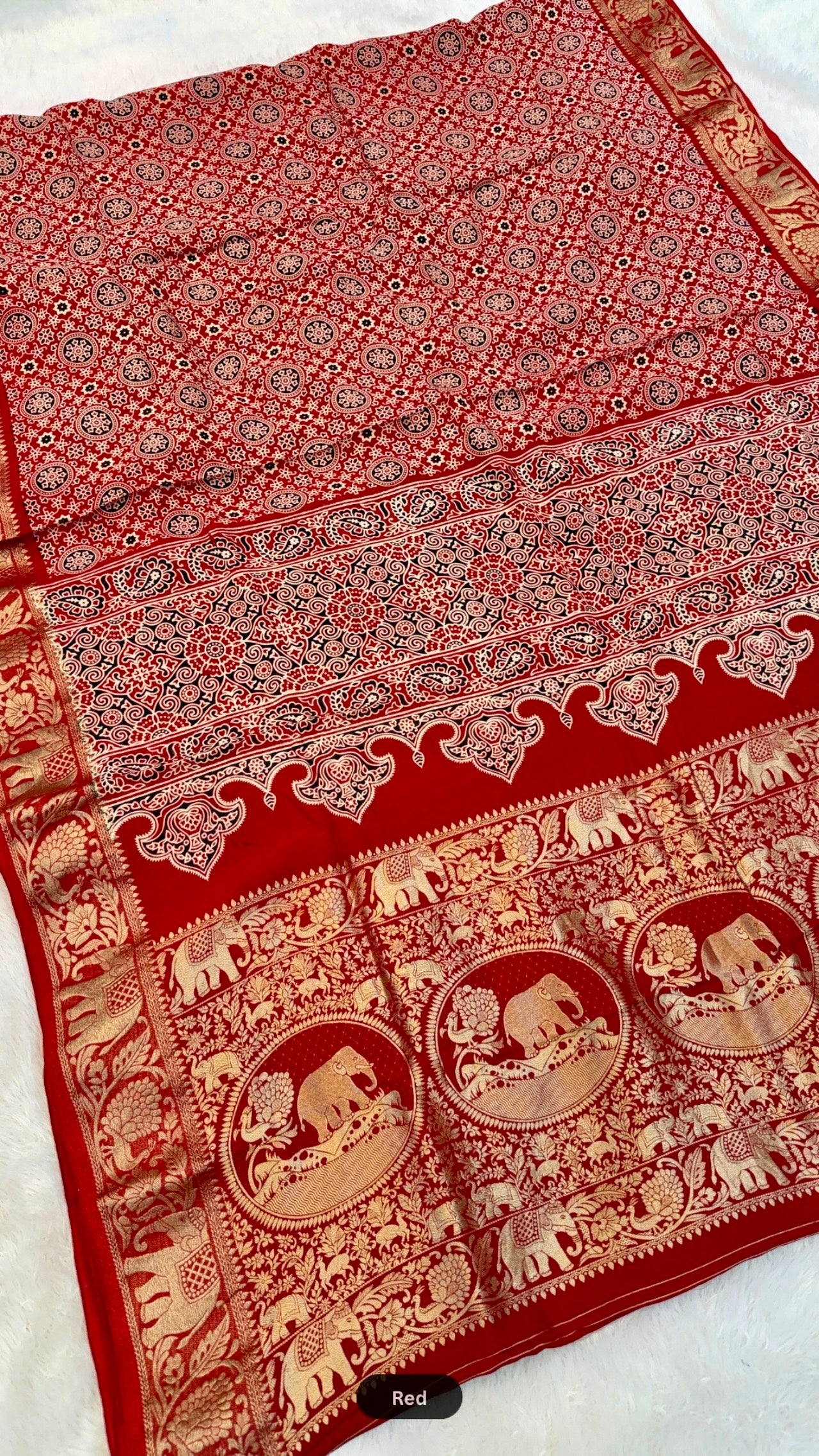 Ajrakh Handblock Saree with Zari Border - Pallu