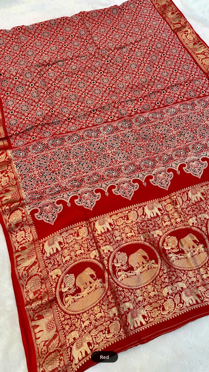Ajrakh Handblock Saree with Zari Border - Pallu