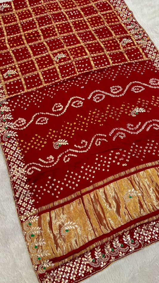 Pure Gaji Silk, Gottapati Handwork Gharchola Saree : Red