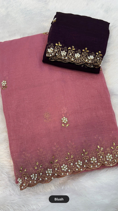 Pearl Work Saree with Contrast Blouse