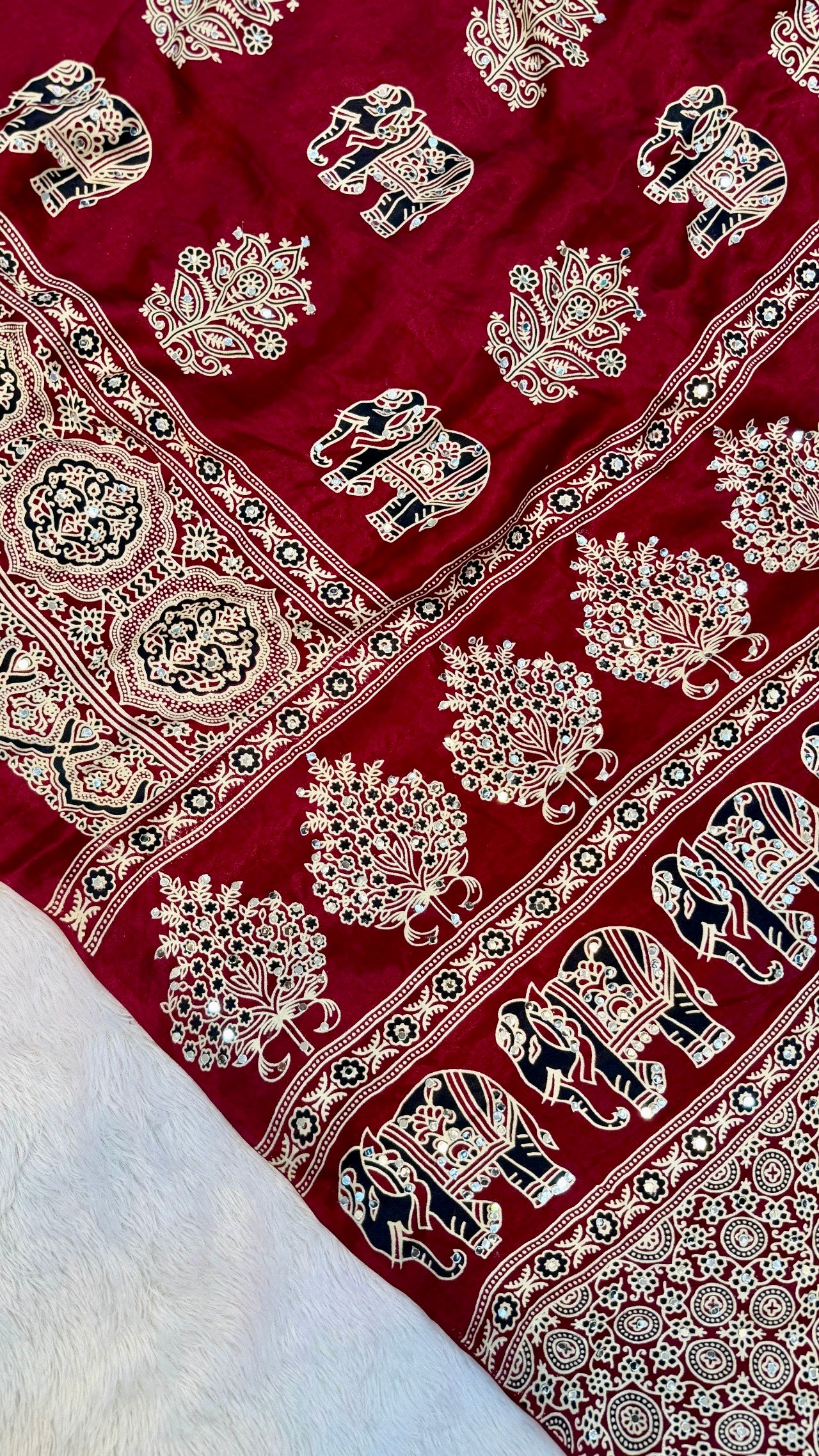 Handblock Ajrakh Mirror Saree (500+ Real Mirror) Maroon