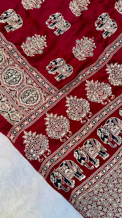 Handblock Ajrakh Mirror Saree (500+ Real Mirror) Maroon
