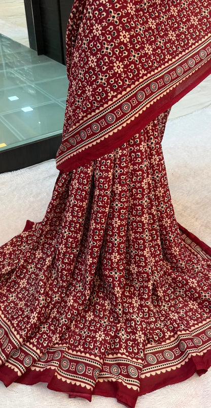 Vintage Ajrakh Bandhej Saree (Rayon Silk)