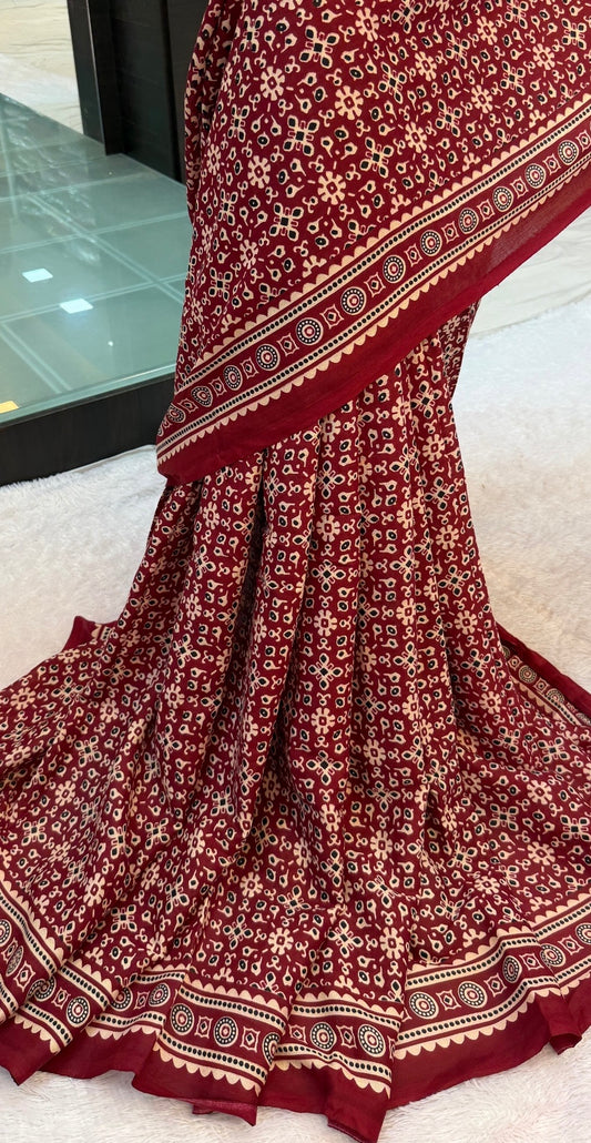 Vintage Ajrakh Bandhej Saree (Rayon Silk)