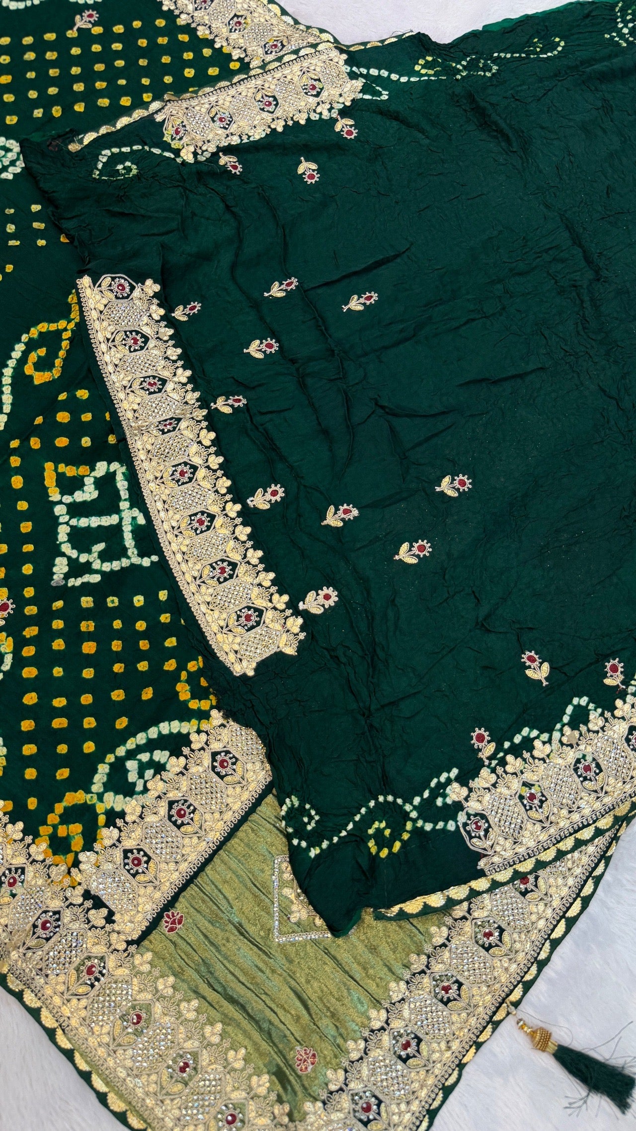 Pure Gaji Silk Handbandhej Gottapatti work Saree (Green)