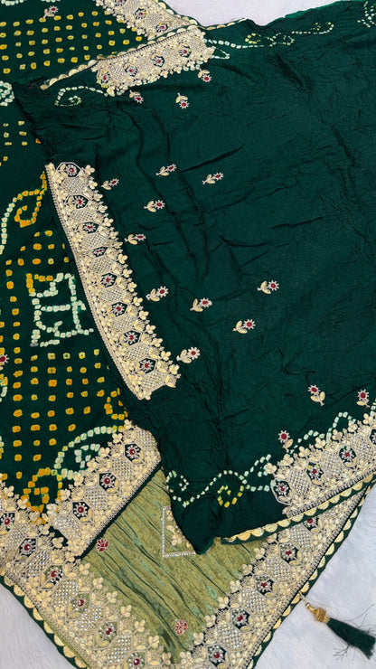 Pure Gaji Silk Handbandhej Gottapatti work Saree (Green)