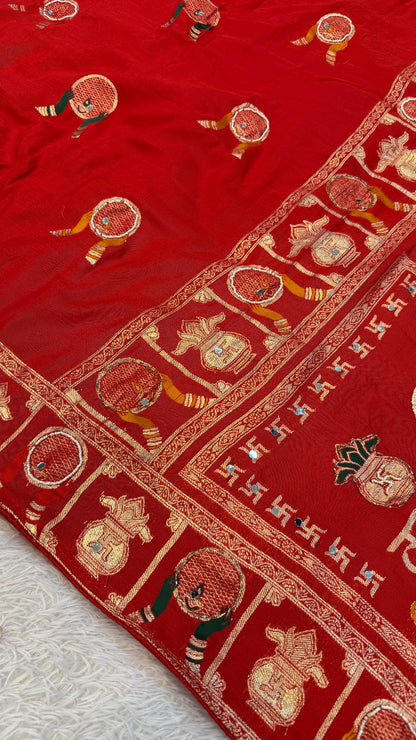 Real Handwork Karva Chauth Saree - Red