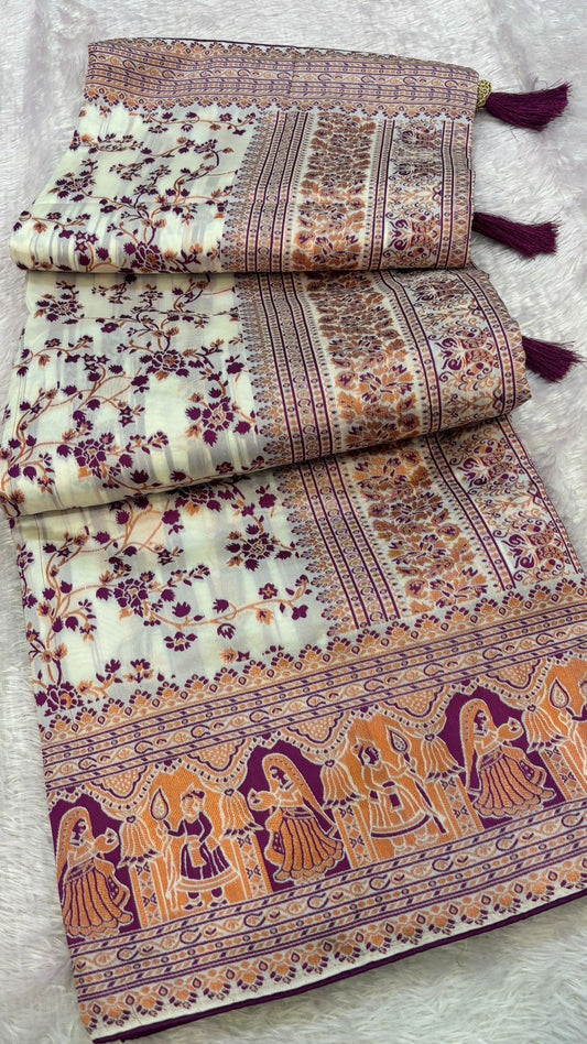 Soft Silk Rajwadi Saree (Pashmina Designe) :- WINE COLOR