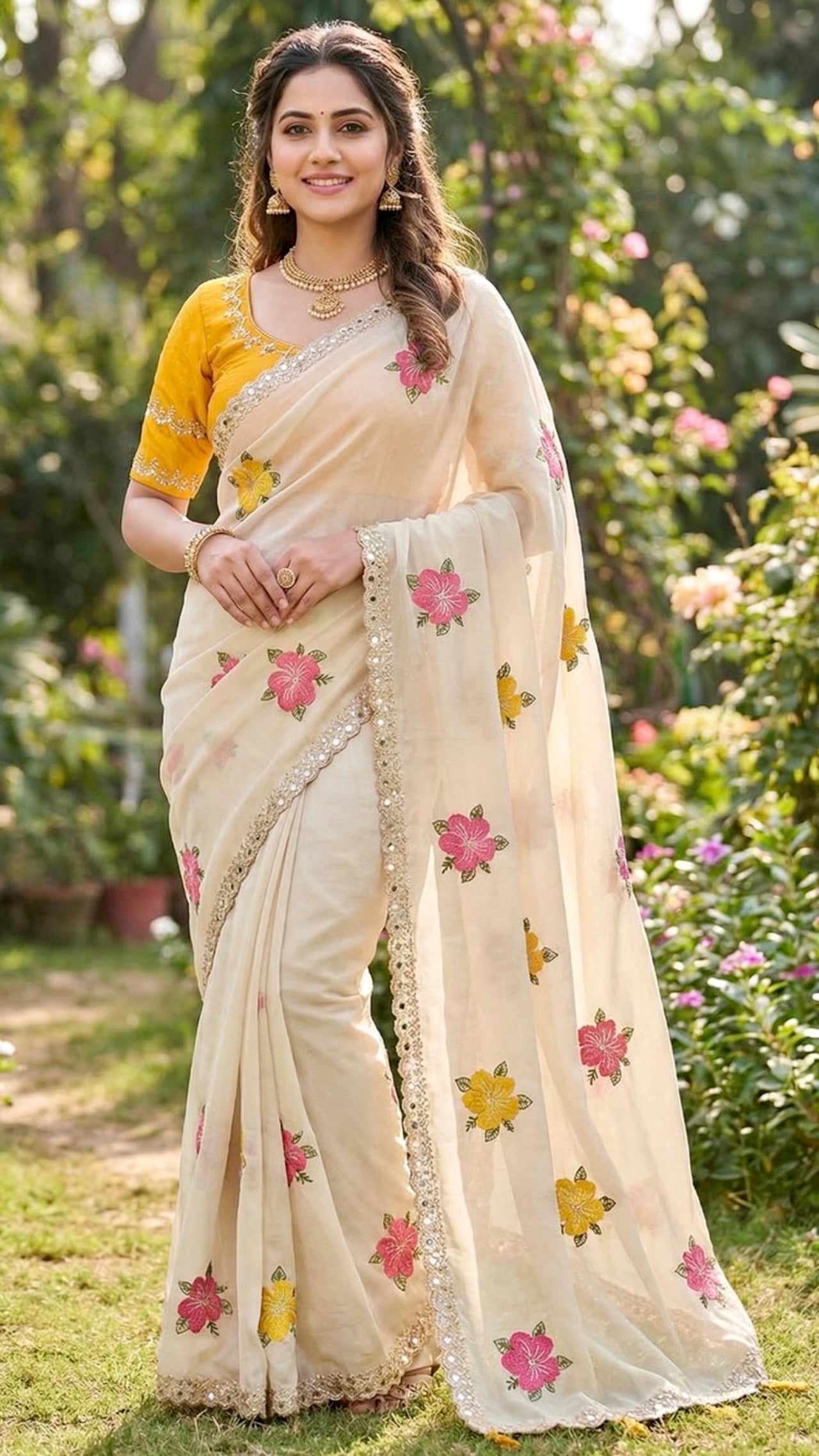 Floral Embroidery Work Saree (Heavy Contrast Blouse)