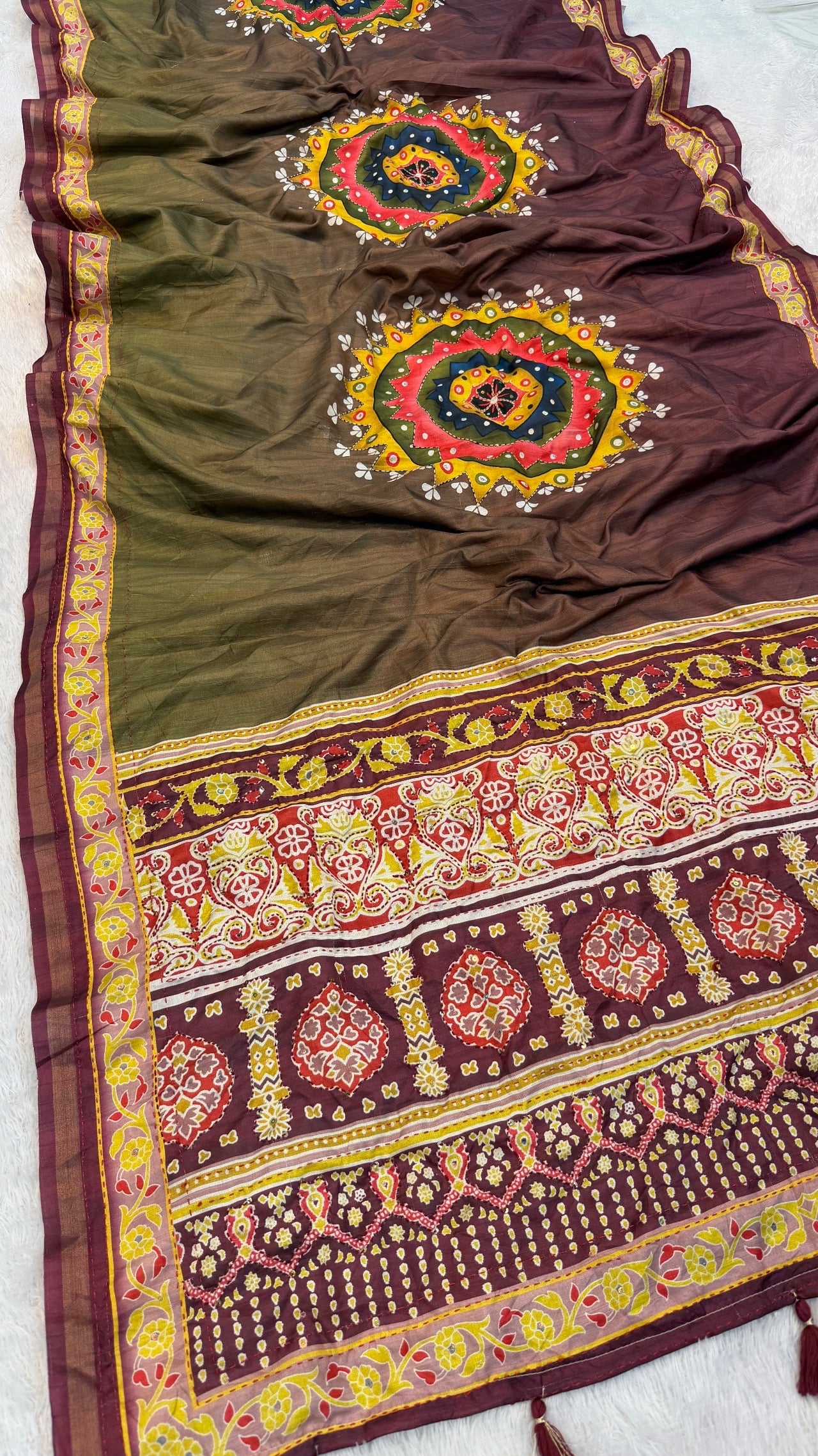 Exquisite Mandala Art Work Sarees (Olive)
