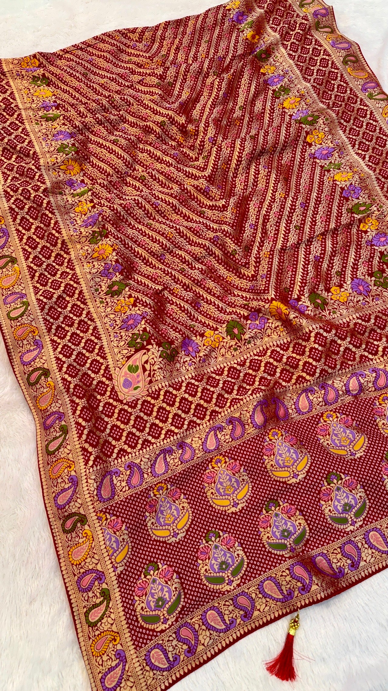 Minakari Bandhej Banarasi Saree (Khaddi Georgette) Red-Rani