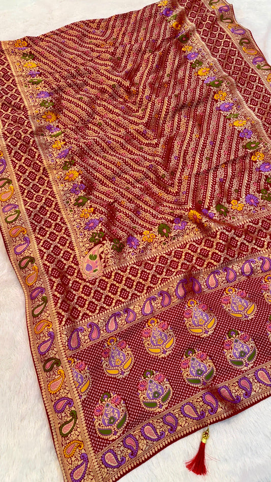 Minakari Bandhej Banarasi Saree (Khaddi Georgette) Red-Rani