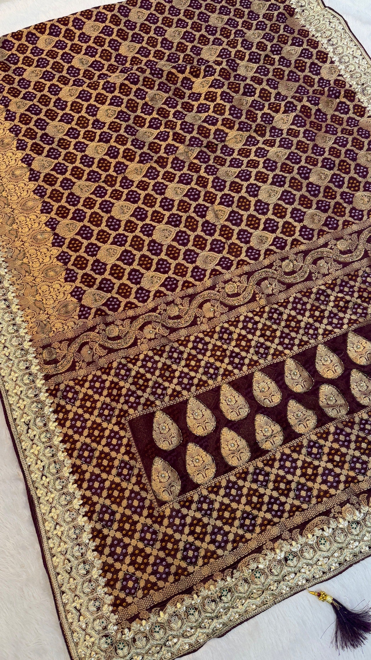 Georgette Banarasi Bandhej Saree with Handwork (Wine)