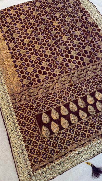 Georgette Banarasi Bandhej Saree with Handwork (Wine)