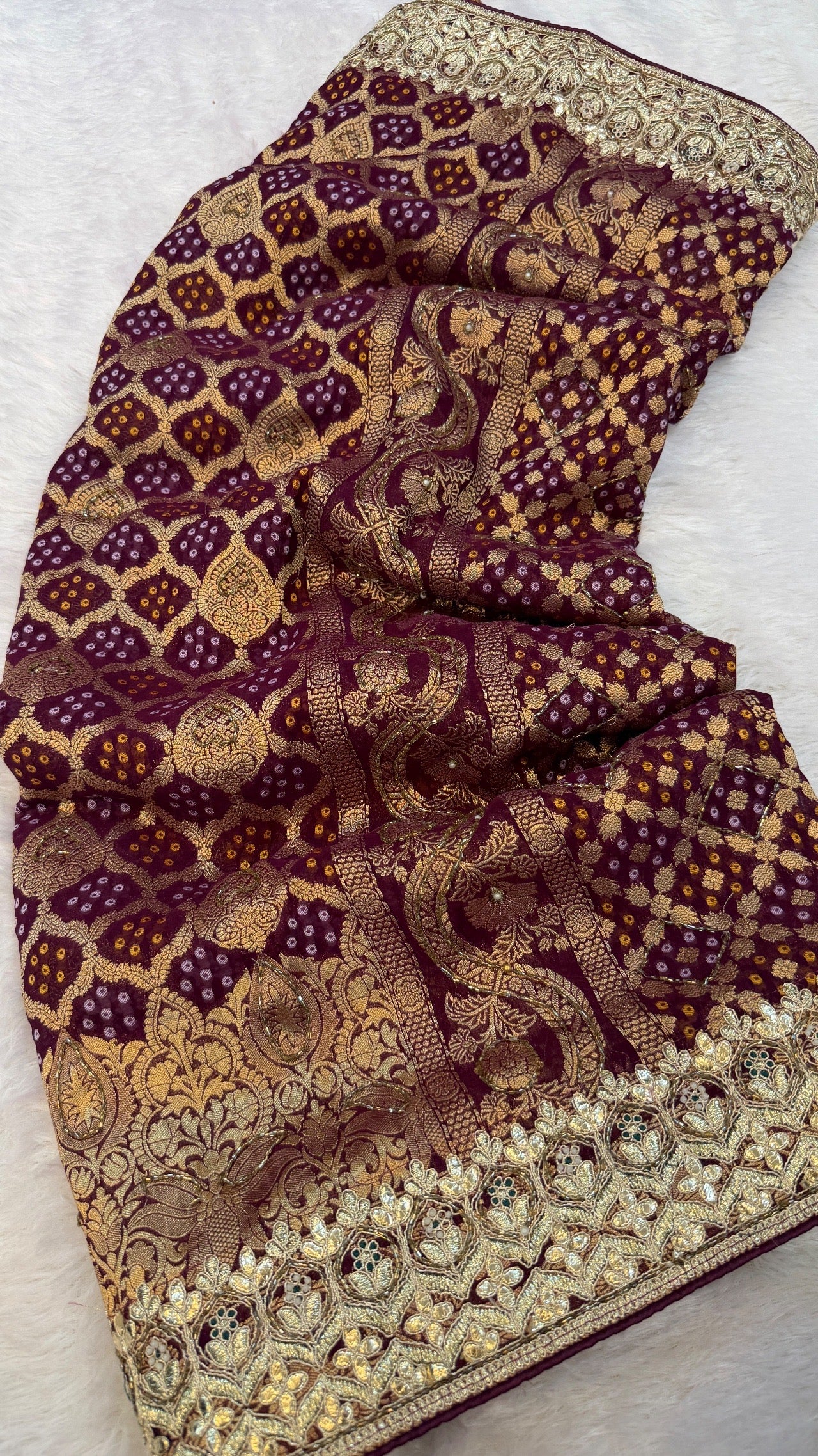 Georgette Banarasi Bandhej Saree with Handwork (Wine)