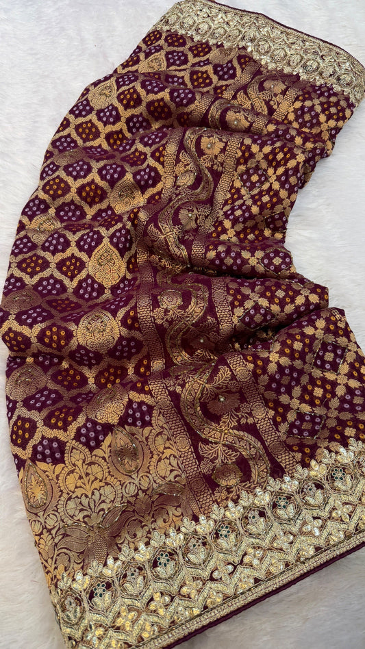 Georgette Banarasi Bandhej Saree with Handwork (Wine)