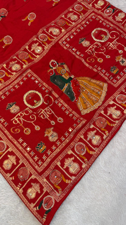 Real Handwork Karva Chauth Saree - Red