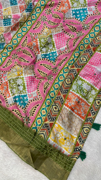 Katha Work Designer Bandhani Saree