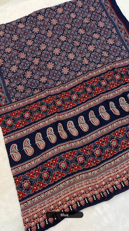 Rang-e-Ajrakh Crap Silk Saree