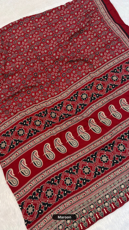 Evergreen Ajrakh Crap Silk Saree