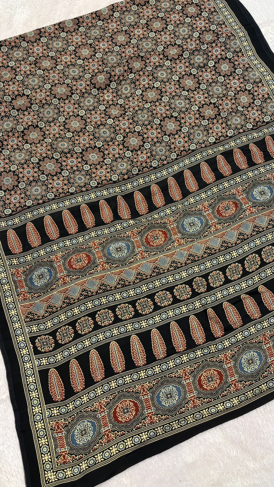 Ajrakh Crap Silk Saree Black (ONE DAY SALE)