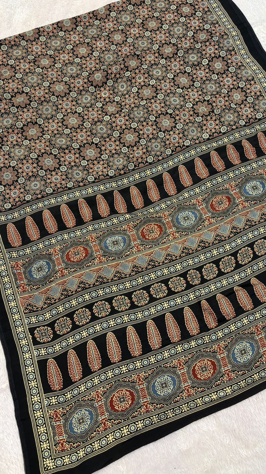 Ajrakh Crap Silk Saree Black (ONE DAY SALE)