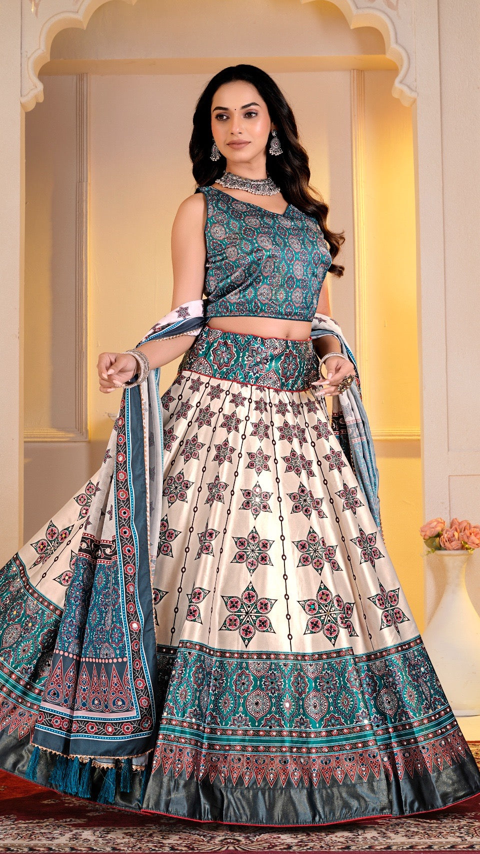 Real Mirror 7 Meter Flair, Boutique Ajrakh Lehanga Choli