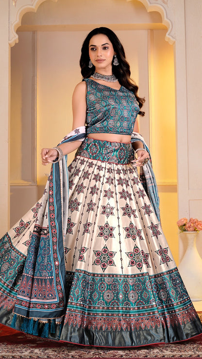 Real Mirror 7 Meter Flair, Boutique Ajrakh Lehanga Choli