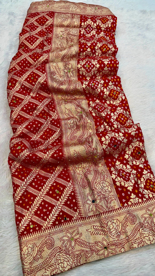 Georgette Bandhej Saree with Real Mirror Work