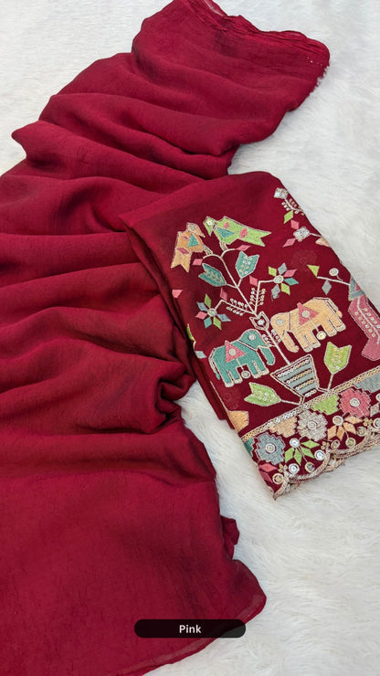 Solid Plain Saree + Kutchi motif Work Blouse