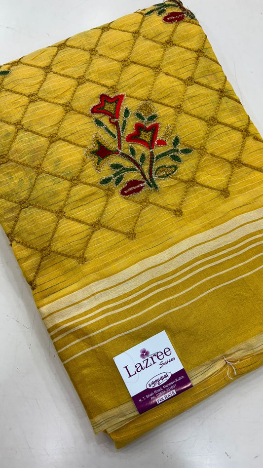 Embroidery Work Cotten Saree ( Flower)