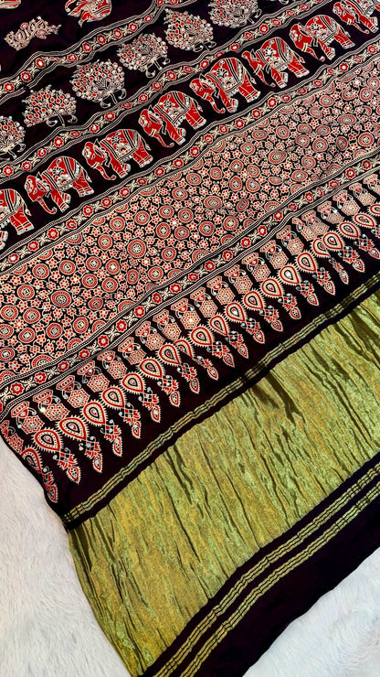 Handblock Ajrakh Mirror Saree (500+ Real Mirror) Wine