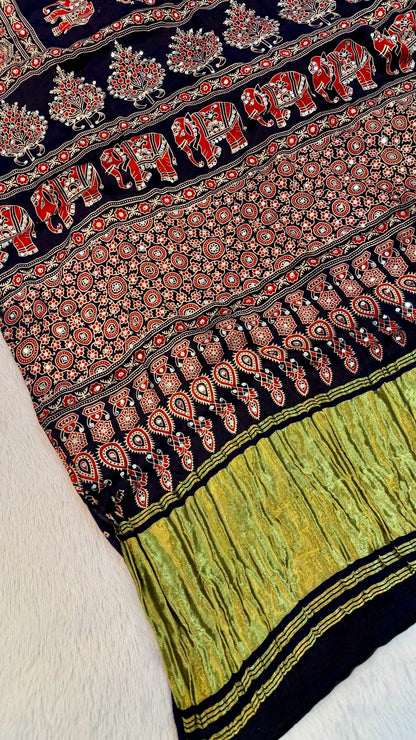 Handblock Ajrakh Mirror Saree (500+ Real Mirror) Blue