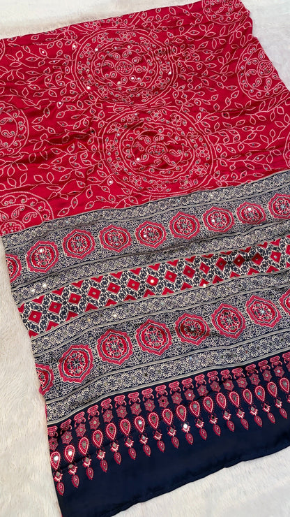 Bandhani Ajrakh With 500+ Real Mirror Saree Vol.02