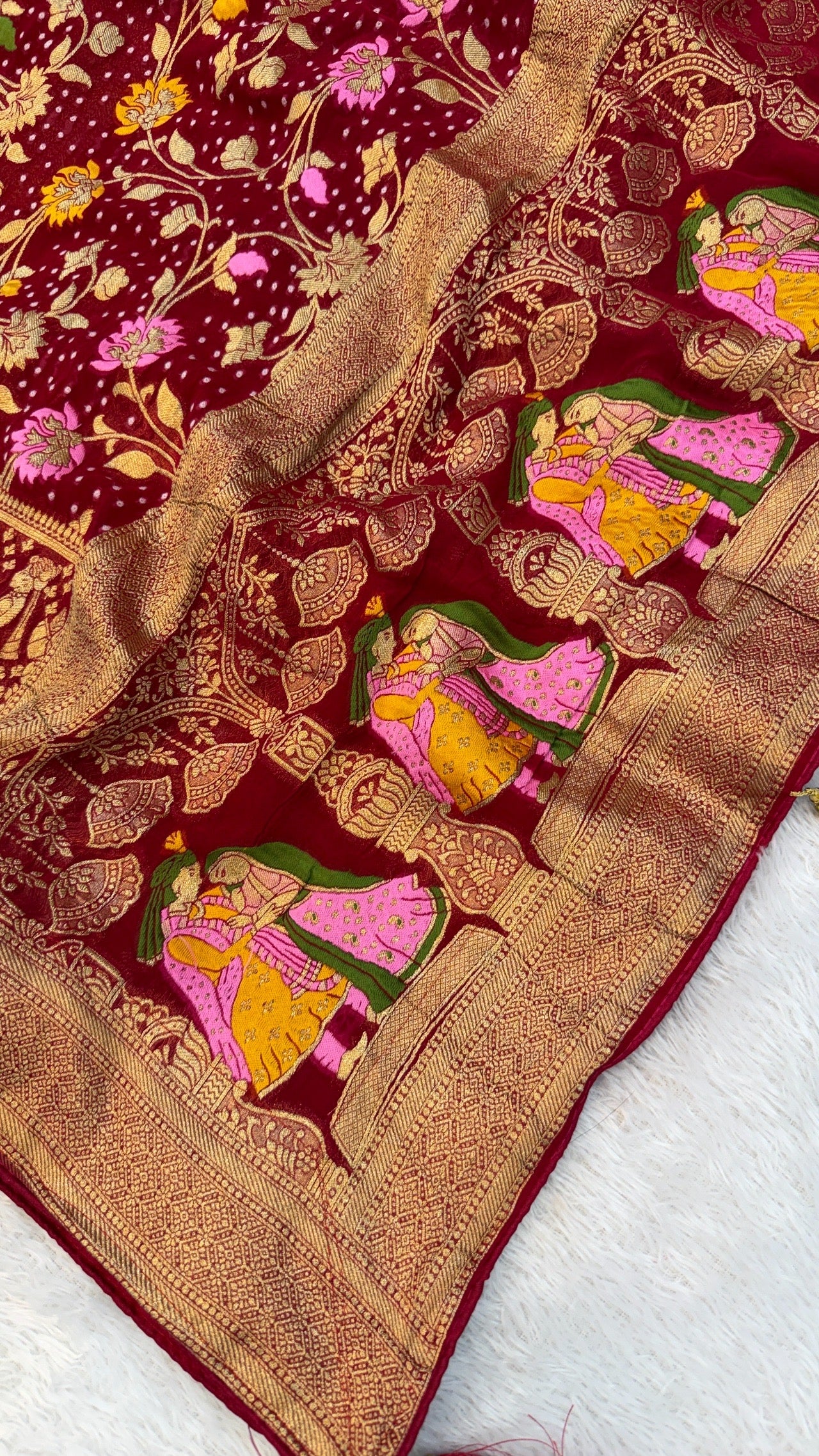 Minakari Bandhej Banarasi Saree (Georgette Junglo) Rani