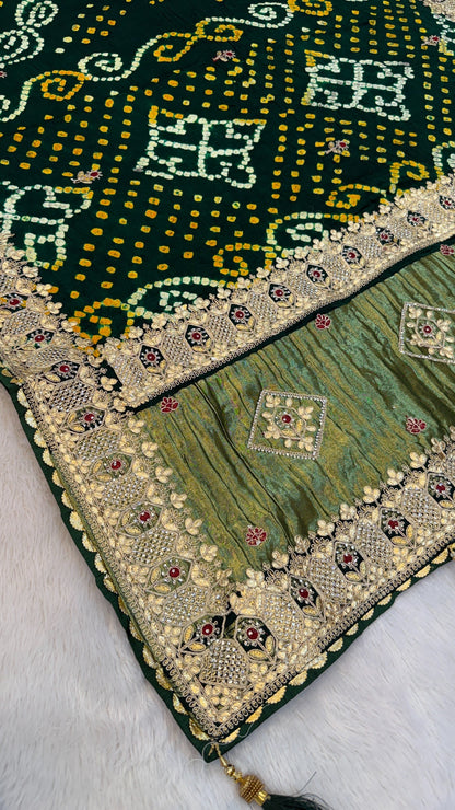 Pure Gaji Silk Handbandhej Gottapatti work Saree (Green)