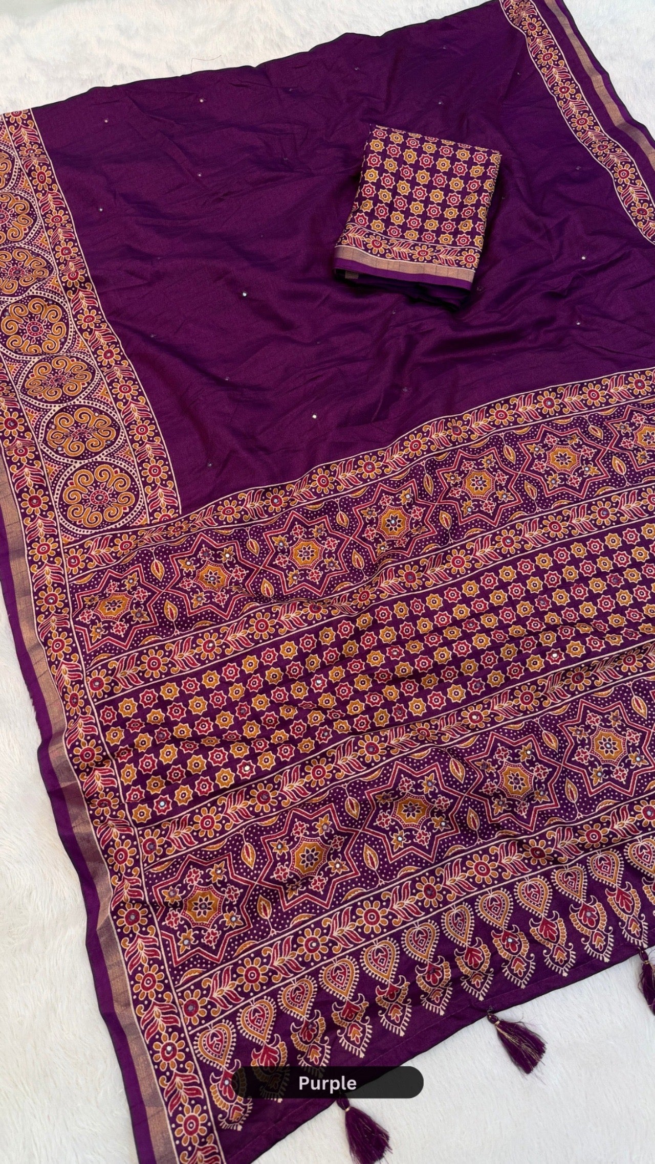 Plain Ajrakh Mul Cotten Mirror Work Saree SD