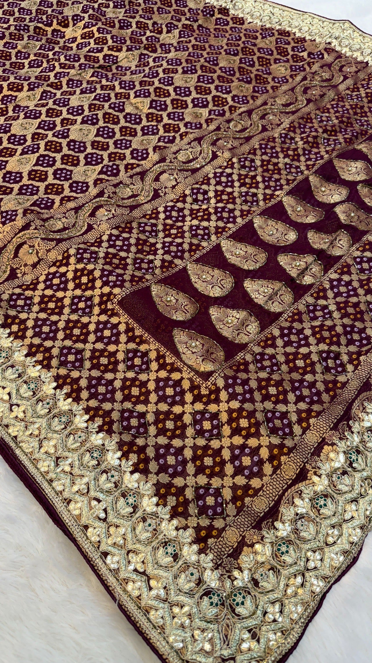Georgette Banarasi Bandhej Saree with Handwork (Wine)