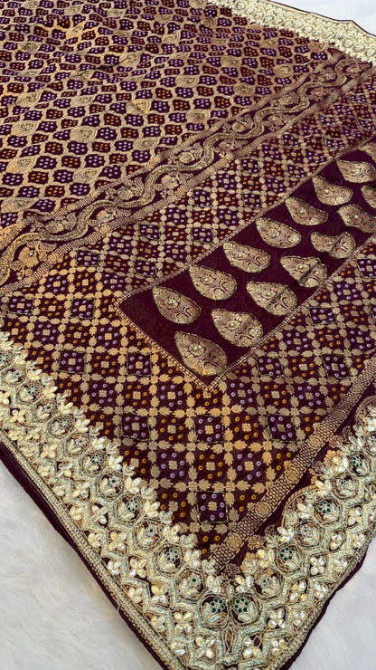 Georgette Banarasi Bandhej Saree with Handwork (Wine)