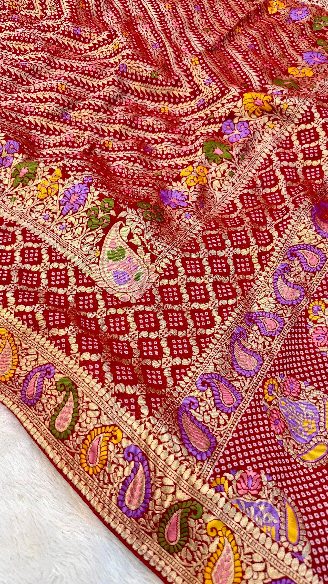 Minakari Bandhej Banarasi Saree (Khaddi Georgette) Red-Rani