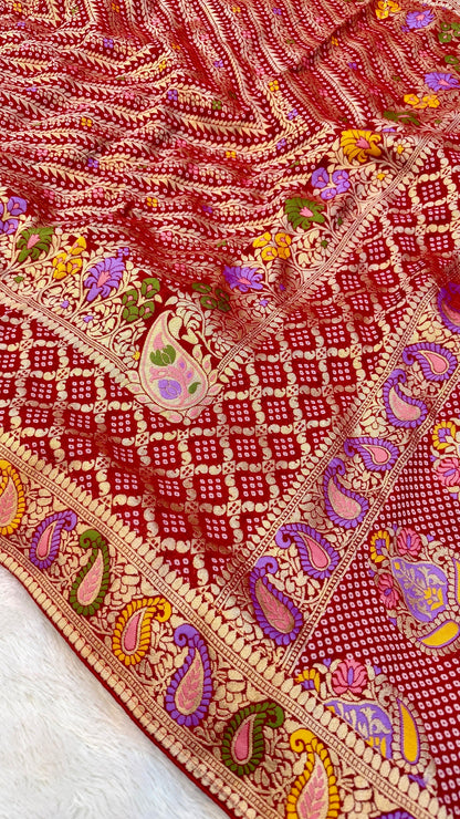 Minakari Bandhej Banarasi Saree (Khaddi Georgette) Red-Rani