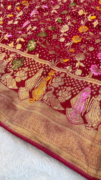 Minakari Bandhej Banarasi Saree (Georgette Junglo) Rani