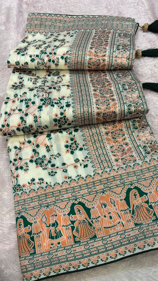 Soft Silk Rajwadi Saree (Pashmina Designe) :- GREEN COLOR