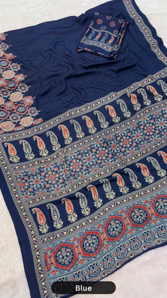 New Plain Ajrakh Saree