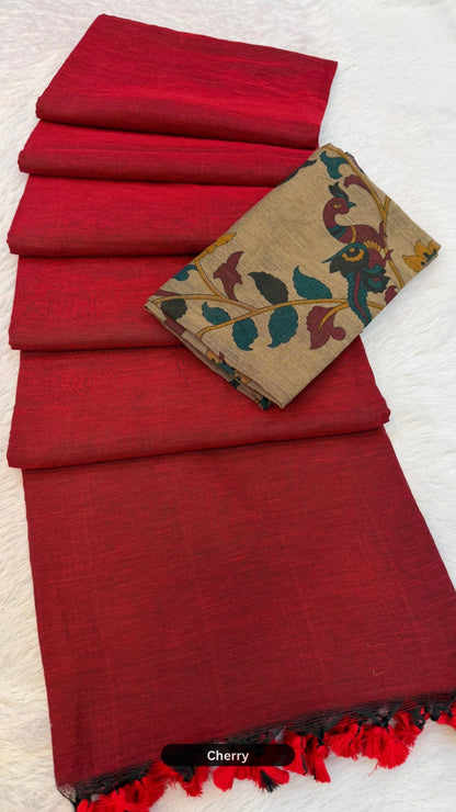 Handloom Plain - Kalamkari Blouse Saree