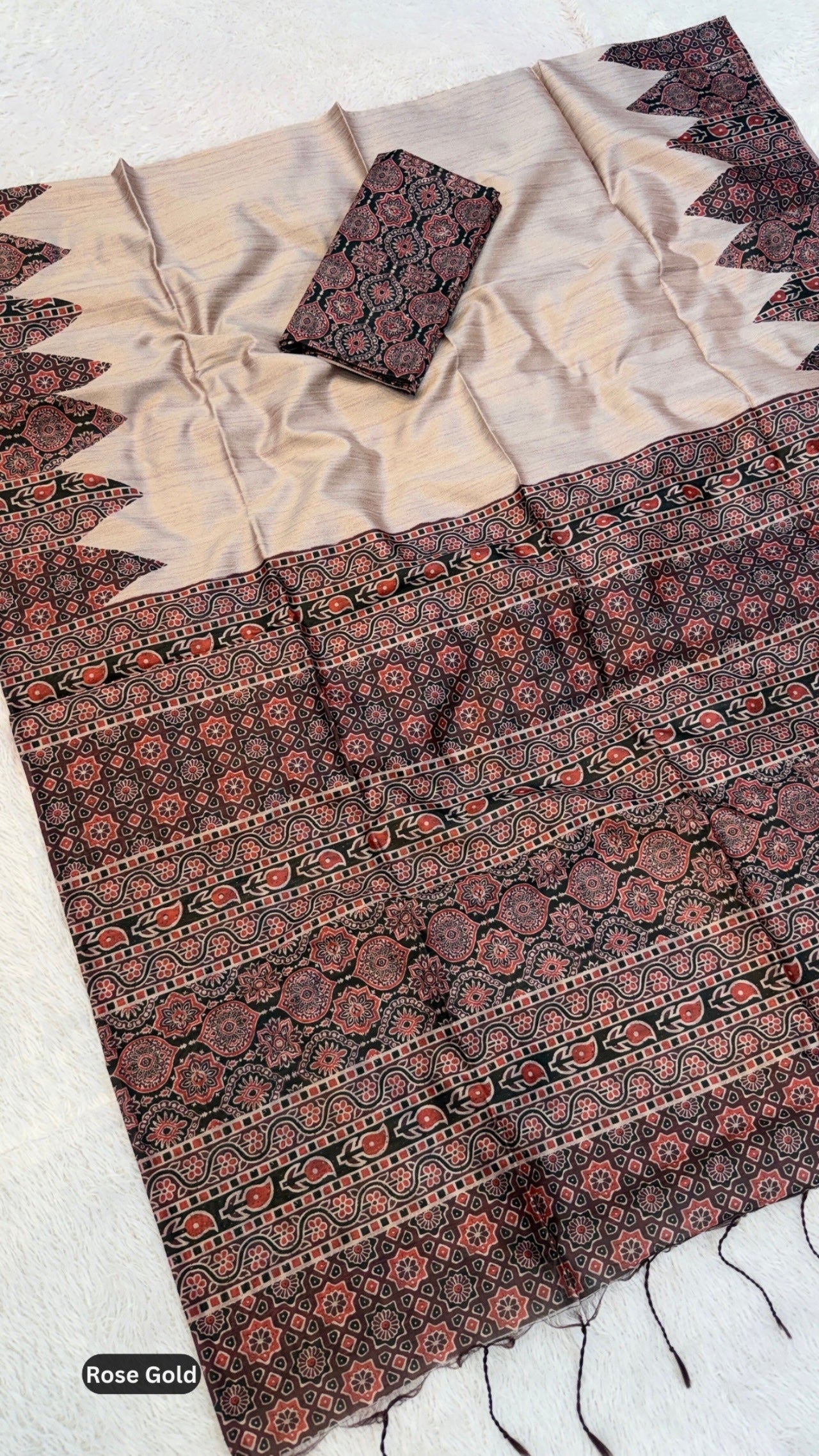 Plain Ajrakh Tusser Silk Saree (Ajrakh Blouse)
