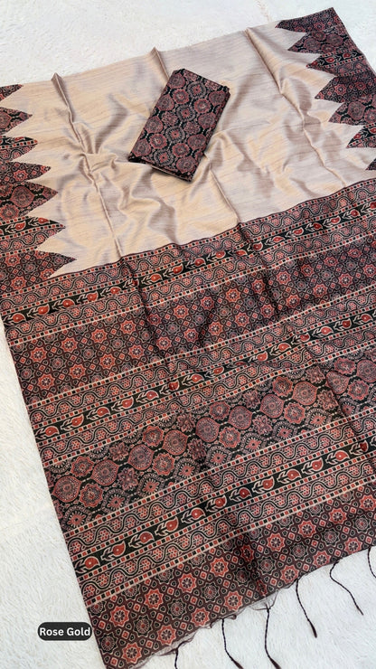 Plain Ajrakh Tusser Silk Saree (Ajrakh Blouse)