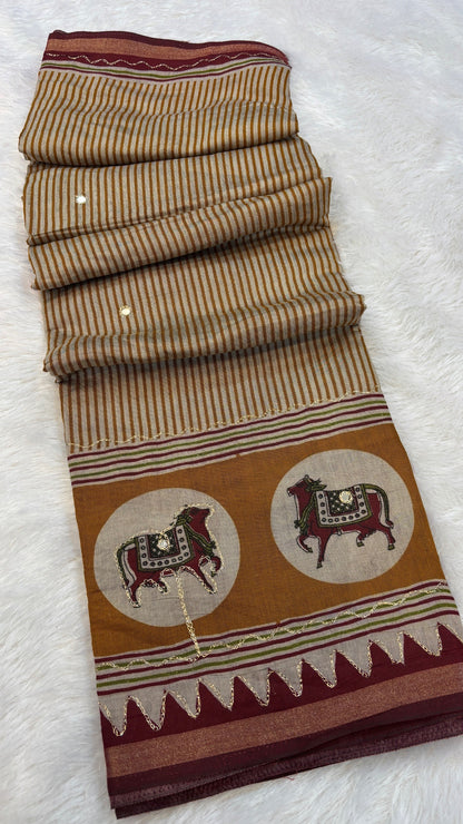 Trending Pure Mul Cotten Ari Work Saree (Airawat-Lehariya)