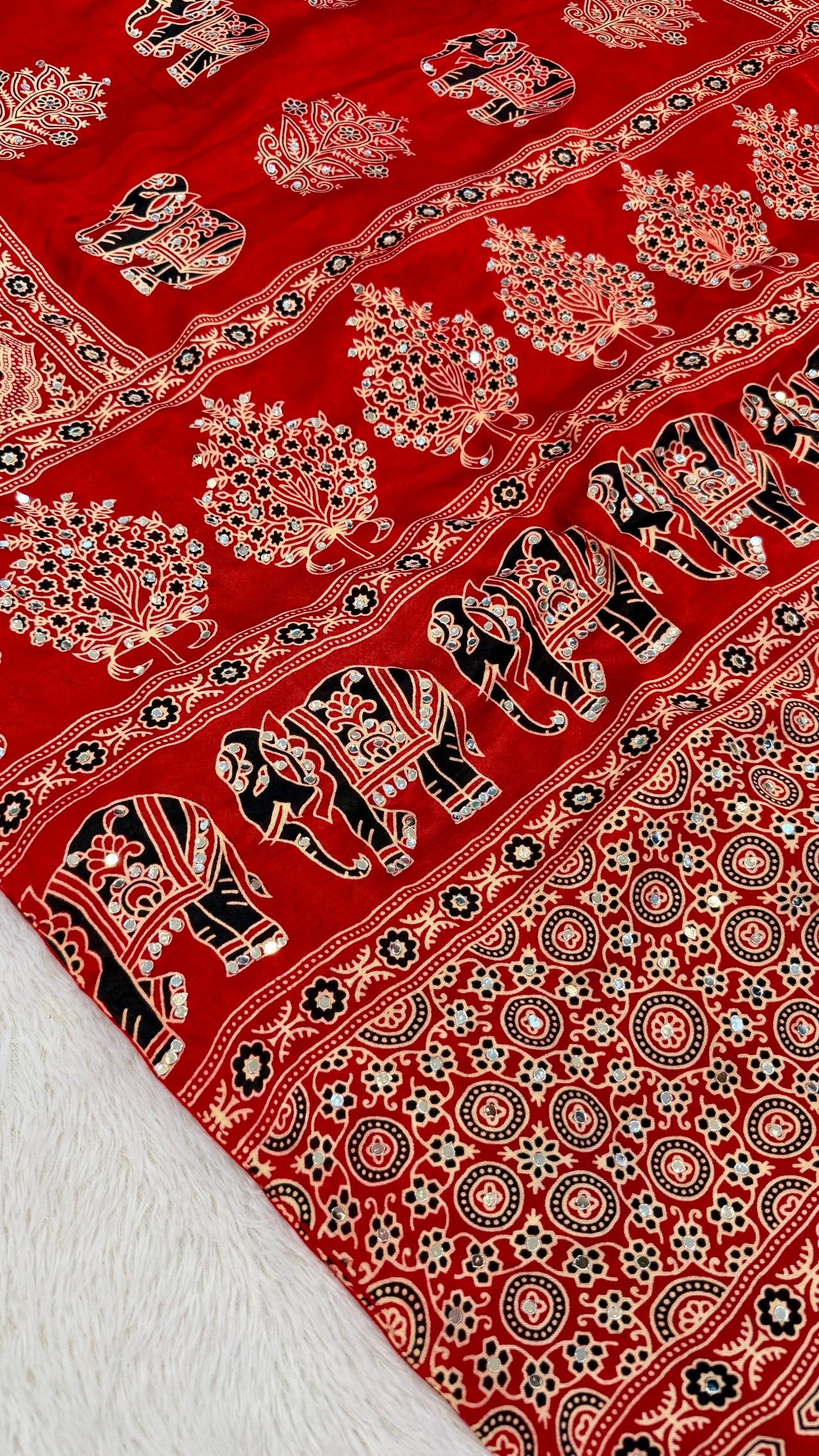 Handblock Ajrakh Mirror Saree (500+ Real Mirror) RED